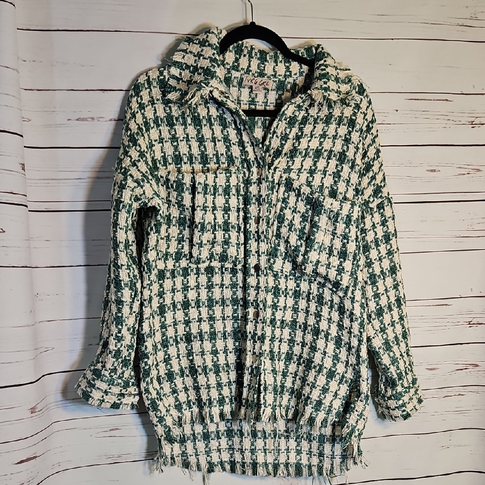 VRG GRL Green White Plaid‎ Tweed Fringed Shacket Jacket XS